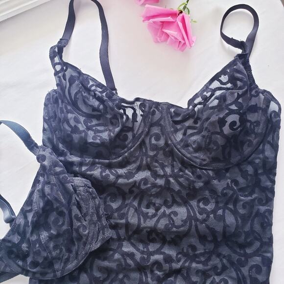 Rare Vintage 90s Victoria's Secret Gold Label Black Floral Velvet Bodysuit Set - Picture 2 of 16